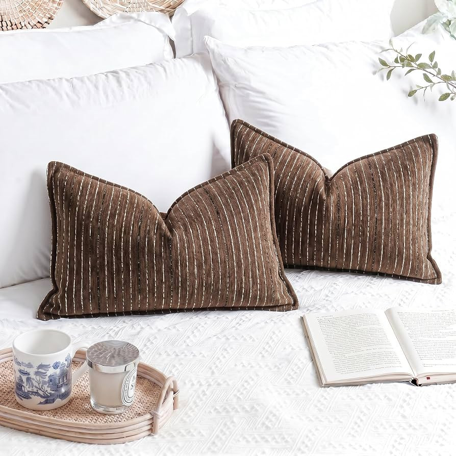 NUYECY Soft Chenille Decorative Throw Pillow Covers 12x20 Set of 2,Brown Neutral Couch Pillow Cov... | Amazon (US)