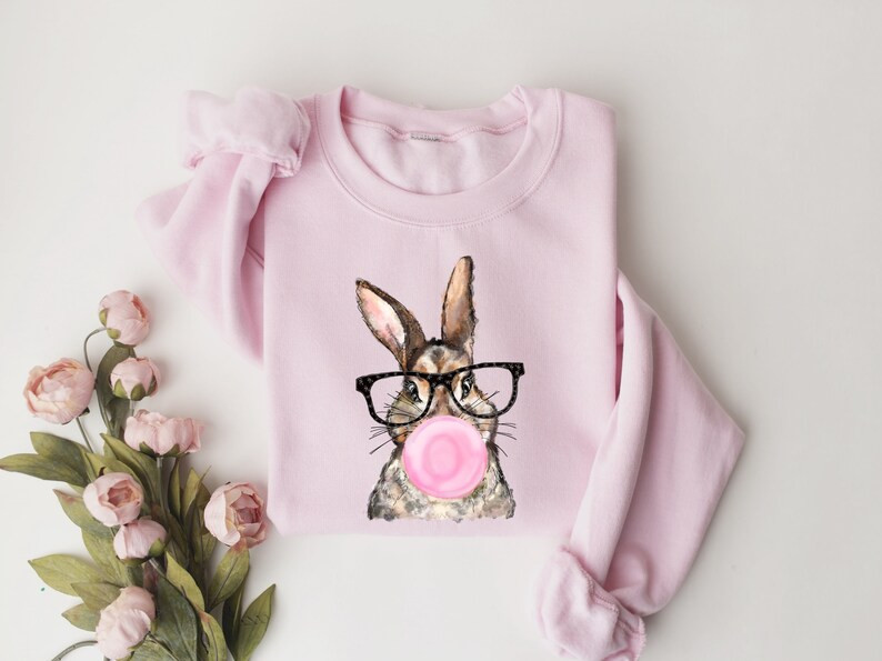 Bubble Gum Cute Easter Bunny With Glasses Sweatshirt, Bubble Gum Bunny With Glasses Sweater, Popu... | Etsy (US)