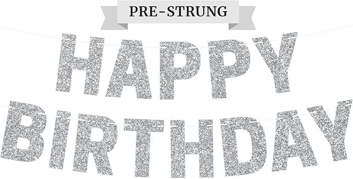 Pre-Strung Happy Birthday Banner - NO DIY - Silver Glitter Birthday Party Banner - Pre-Strung Gar... | Amazon (US)