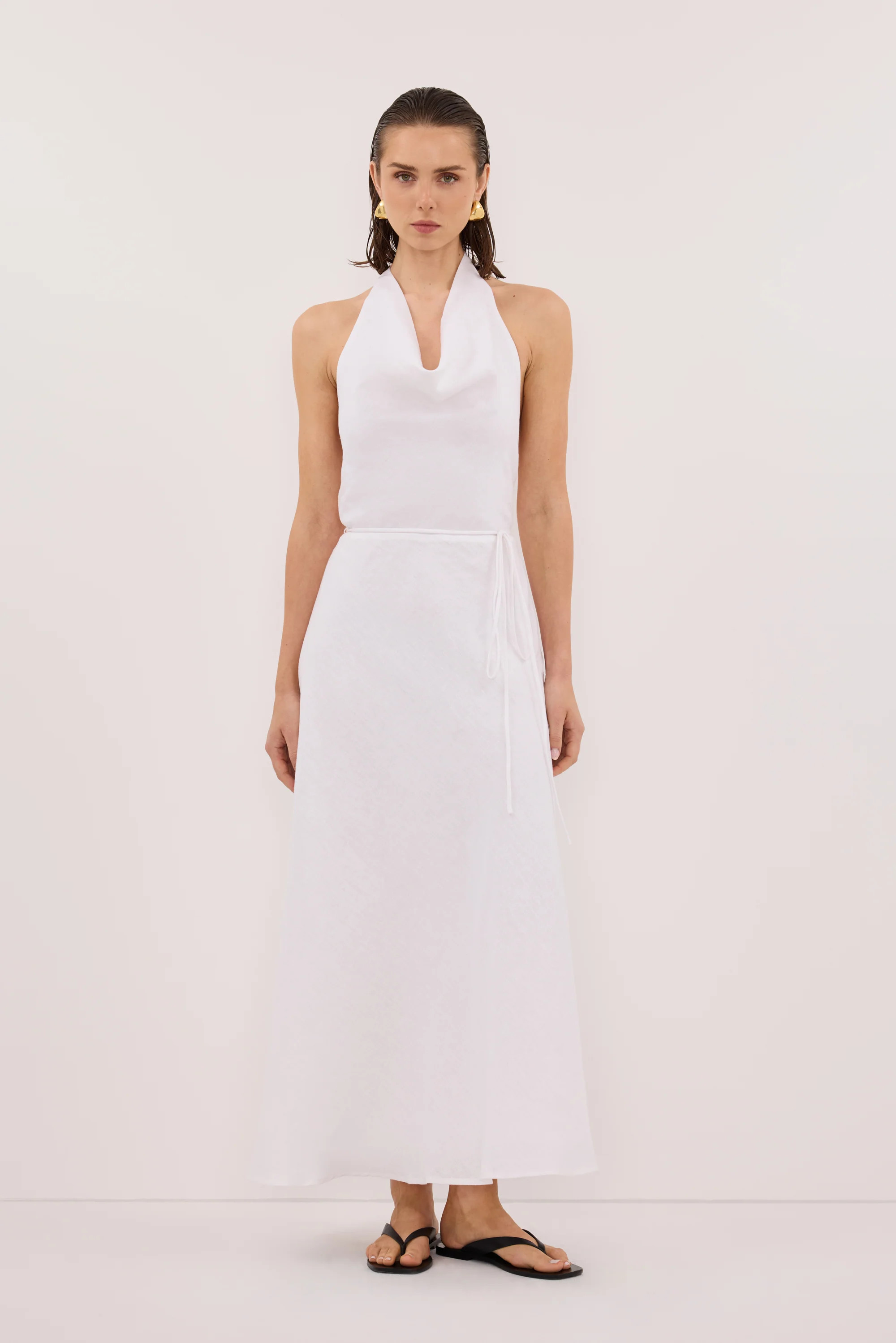 HAYLEE WHITE LINEN COWL DRESS | DISSH