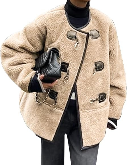 HOULENGS Women's Long Sleeve Sherpa Fleece Jackets Button Down Faux Fuzzy Coat Winter Warm Outwea... | Amazon (US)