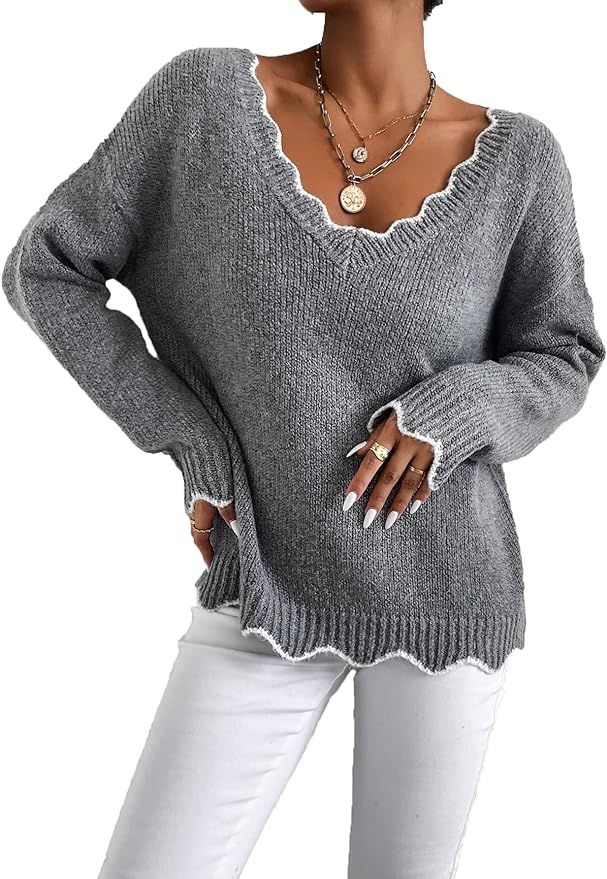 MakeMeChic Women's Casual V Neck Long Sleeve Scallop Trim Pullover Sweater Tops | Amazon (US)