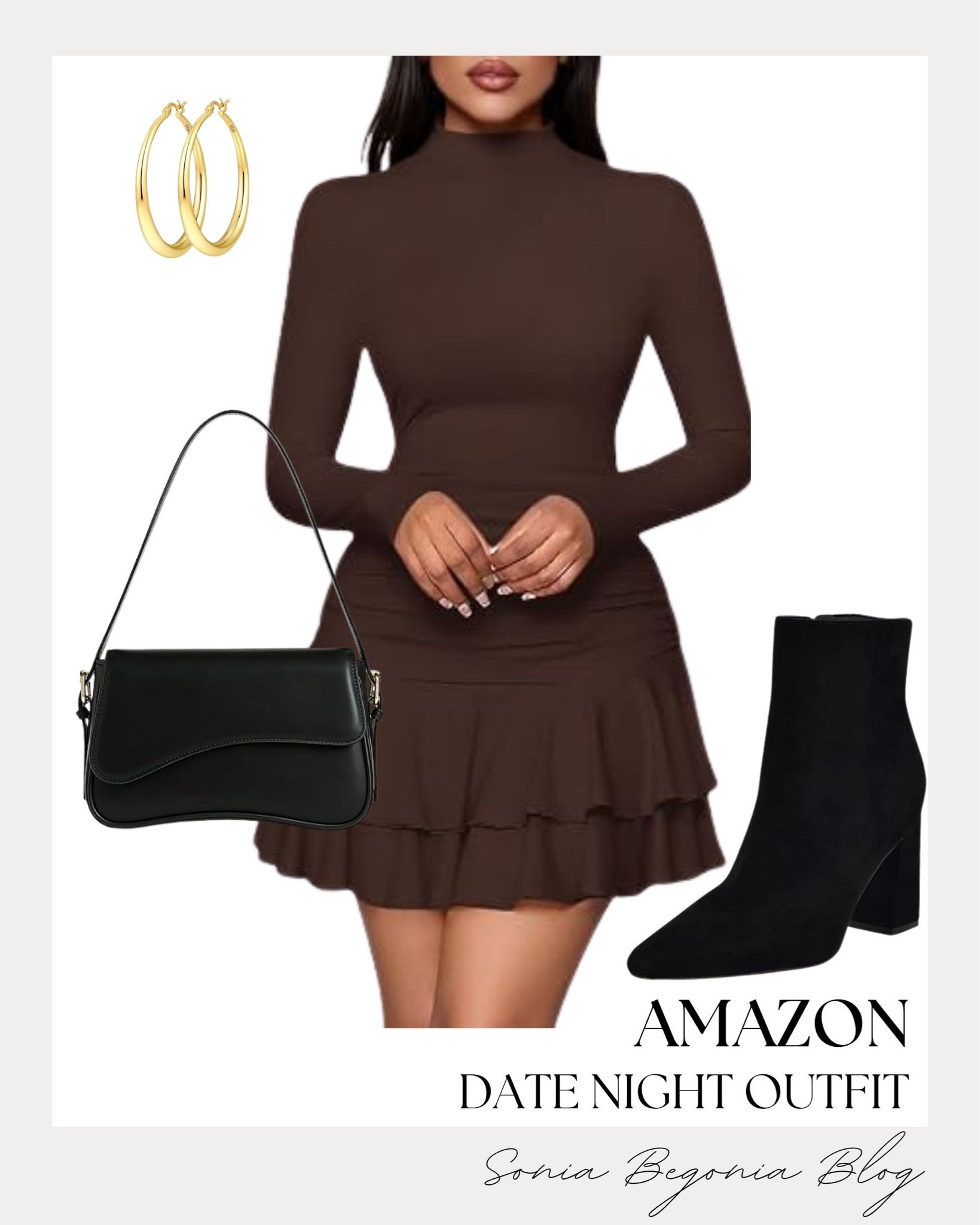 Date night ready! 🤎 I styled a gorgeous dark brown mock-neck long-sleeve dress featuring a tiered ruffle mini hem.
I completed the look with sleek black block heel booties, a matching black shoulder bag, and classic gold hoop earrings. ✨