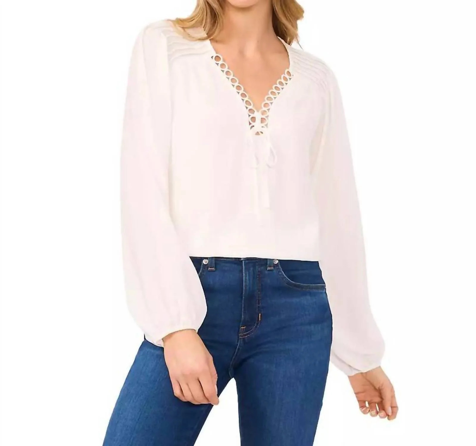 Long Sleeve Tie Up V-Neck Blouse In Off White | Shop Simon