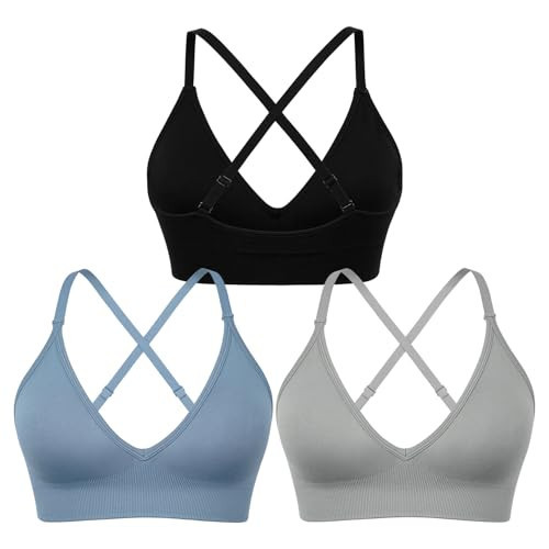 sicoozoe Workout Bras for Women, Deep V-Neck Yoga Bra Wirefree Padded Strappy Back Sports Bras Medium Support Bralettes for Running Fitness Athletic Pack of 3（Black+Gray+Blue, Large） | Amazon (US)