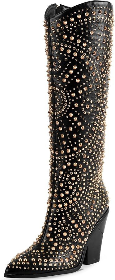 iiimmu Womens Boots Pointed Toe and Chunky Heel Boots for Women Luxurious Studded Boots Tall Boot... | Amazon (US)