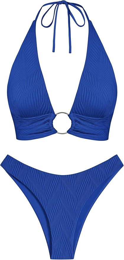 ZAFUL Womens O Ring Halter Swimsuits High Cut Bikini Sets Tribal 2 Piece Bathing Suit | Amazon (US)
