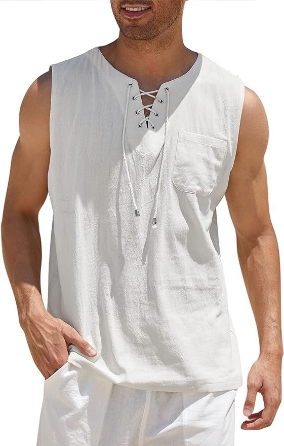 COOFANDY Men's Cotton Linen Tank Top Shirts Casual Sleeveless Lace Up Beach Hippie Tops Bohemian ... | Amazon (US)