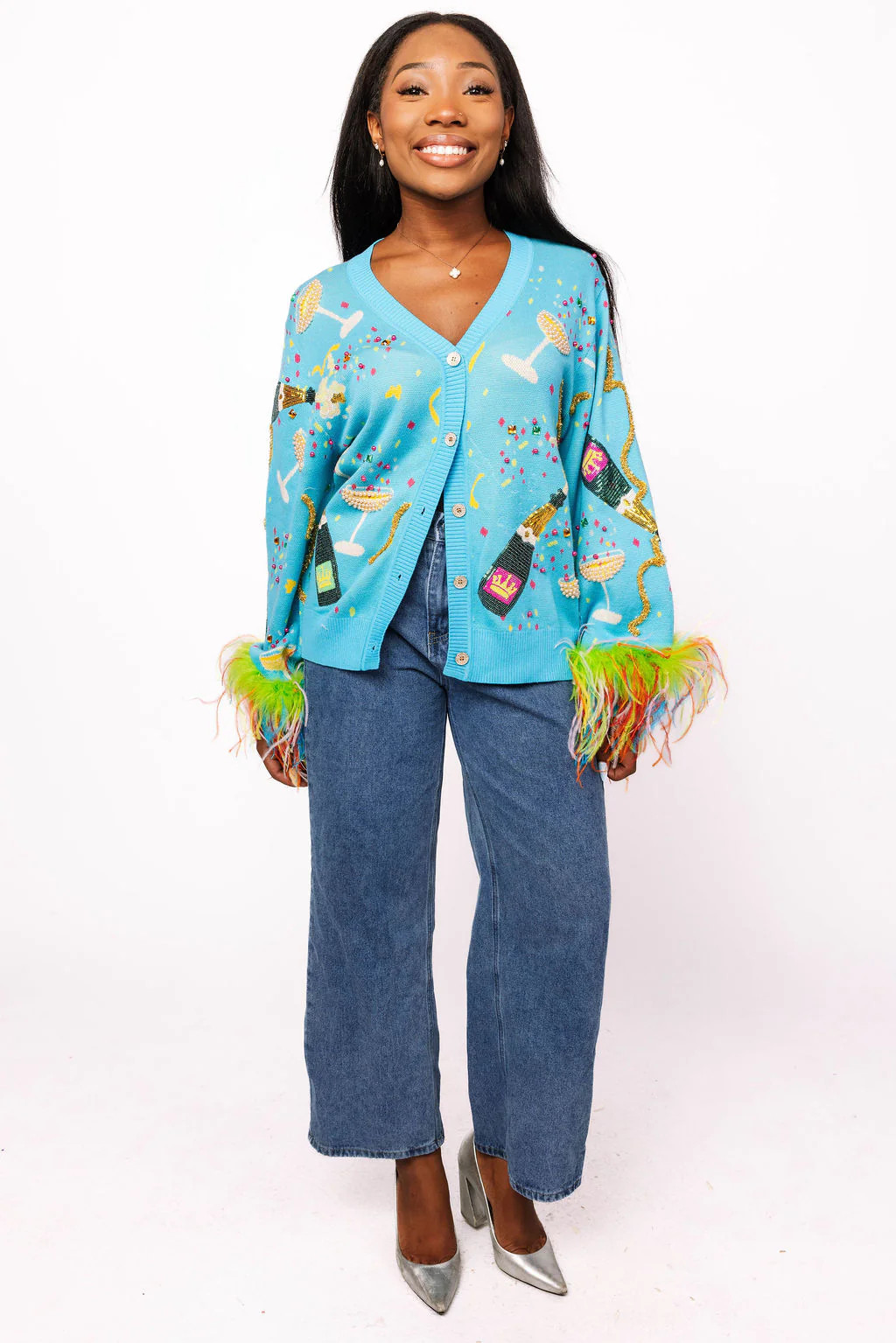 Aqua Popping Champagne Bottle & Coupe Feather Sleeve Button Up Cardiga | Queen of Sparkles