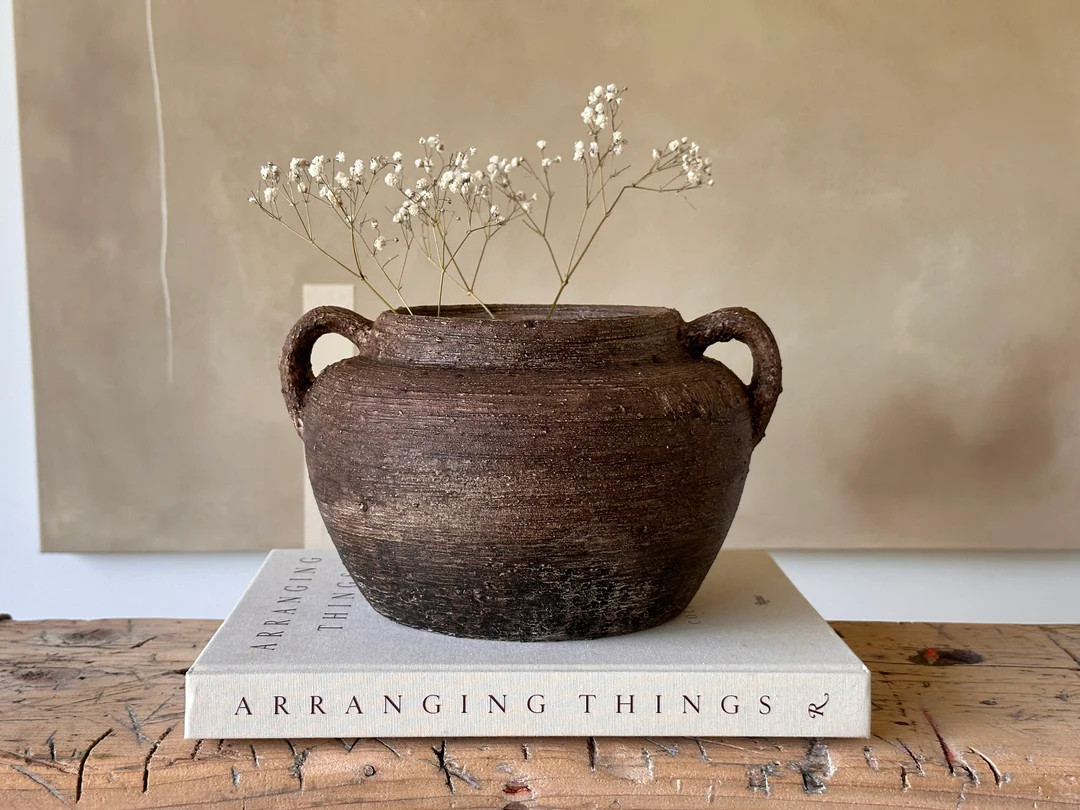 Stone Textured Pottery, Aged Vessel, 9.5'' Wide, Rustic Artisan Vase, Earth Tones Neutrals Vase, ... | Etsy (US)