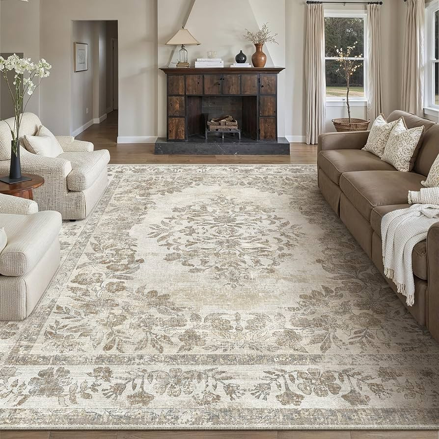 8x10 Area Rug Beige Washable Vintage Neutral Distressed Living Room Carpet Large Oriental Floral ... | Amazon (US)