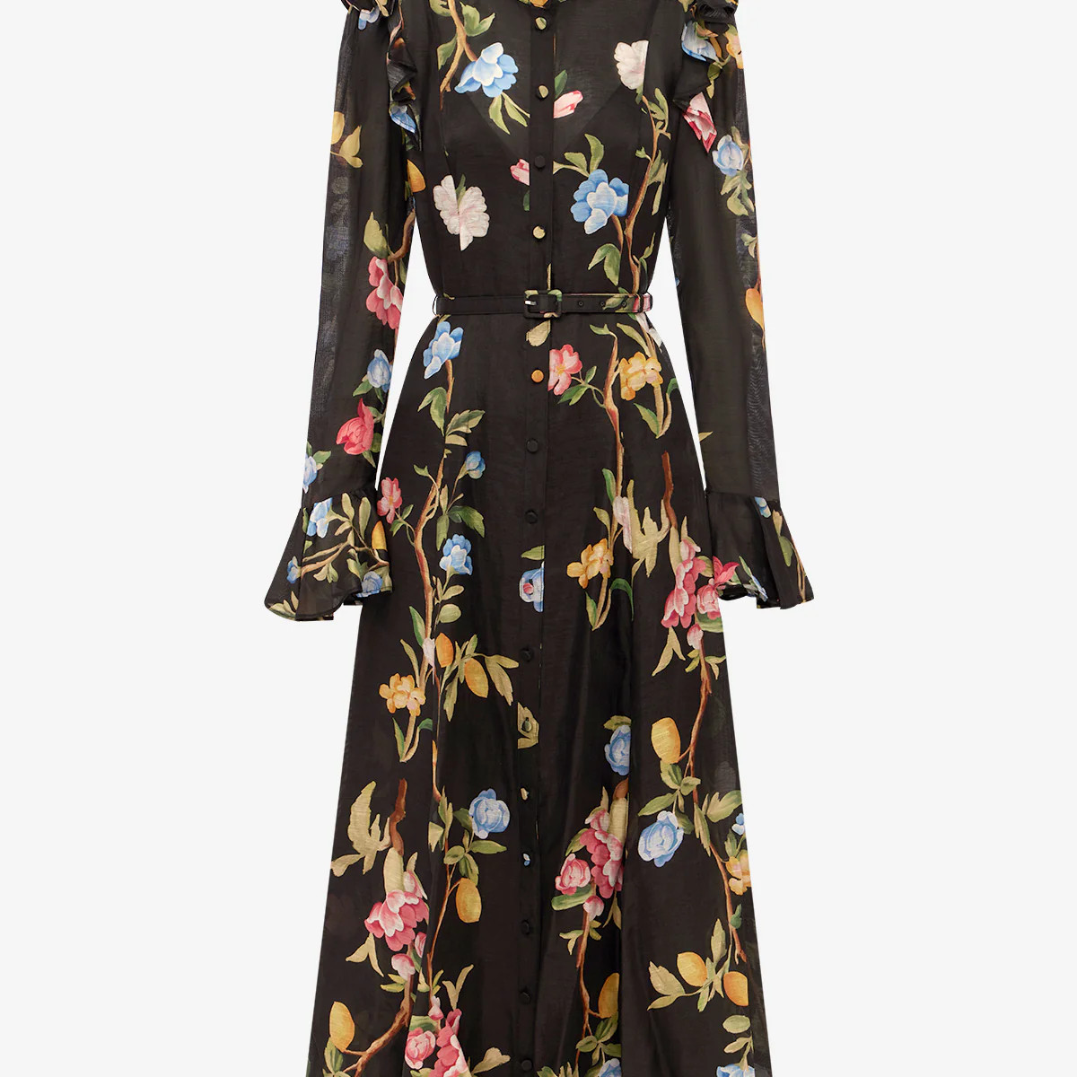 Katrina Butterfly Sleeve Midi Dress - Lemon Vine Print in Ebony | LEO LIN US