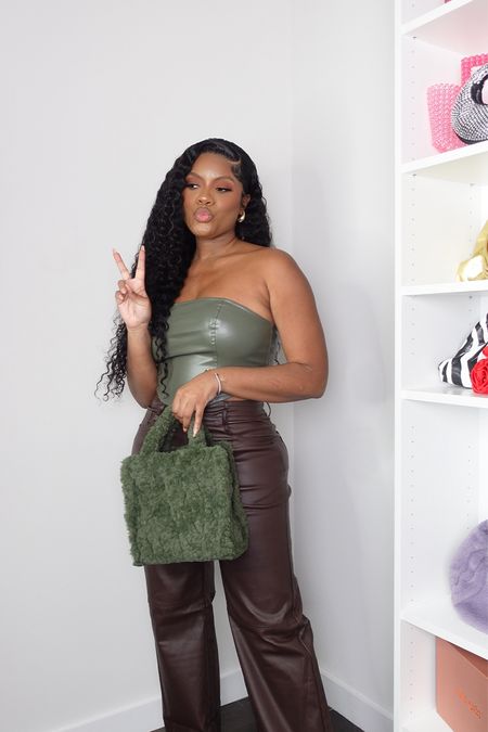 Target fall outfit, fall trend, faux leather top, brown pants, green crop top, curly hair, fur bag, fur purse, target clothes, leather pants, leather top, fall outfit, 

#LTKstyletip #LTKSeasonal #LTKmidsize