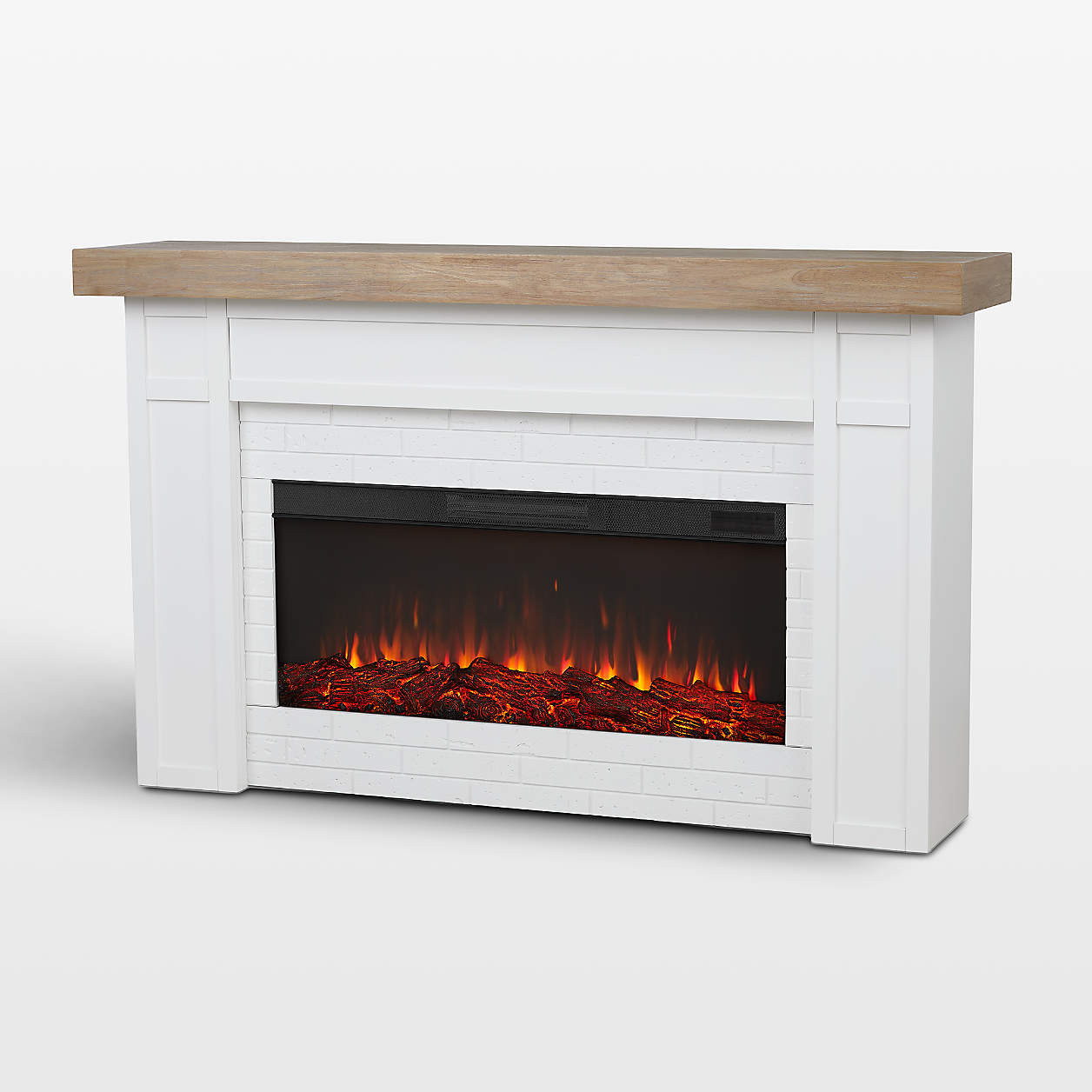 Grange White and Brown Wood Electric Fireplace 64" | Crate & Barrel | Crate & Barrel