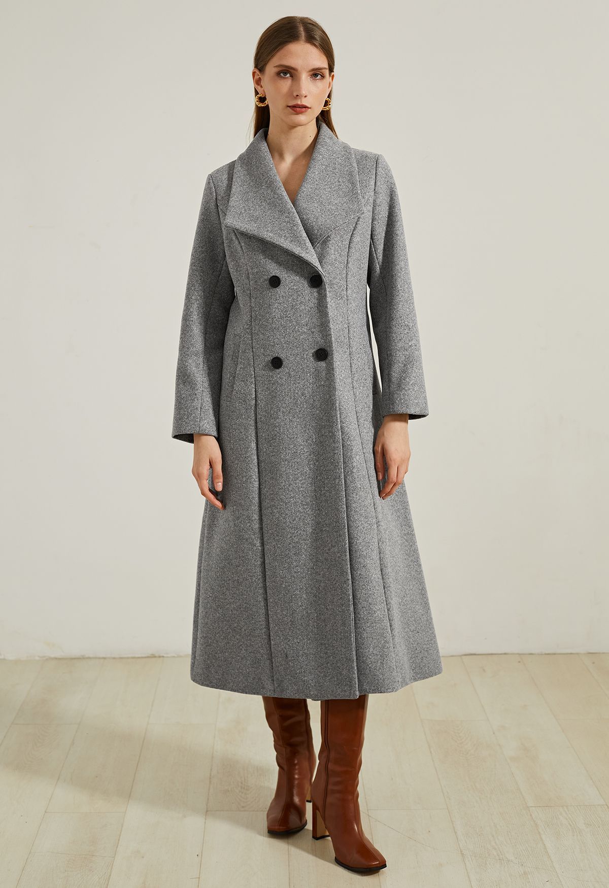 Wide Lapel Double-Breasted Flare Longline Coat in Grey | Chicwish