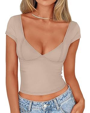 Trendy Queen Womens Sexy Deep V-Neck Backless Tops Short Sleeve Slim Fit T-Shirts Basic Y2K Tops ... | Amazon (US)
