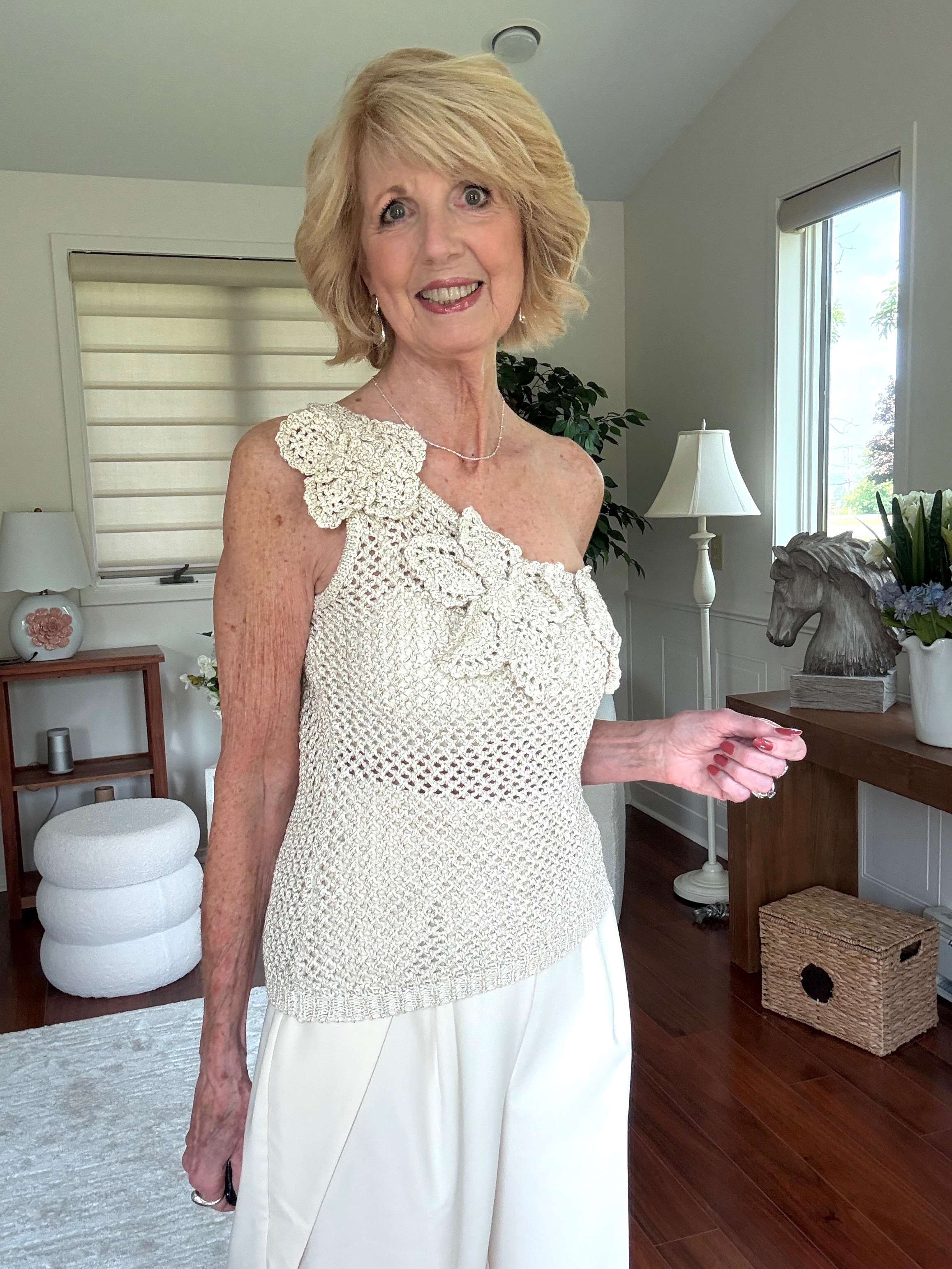 Beautiful appliqué and crochet one shoulder top. 

 #LTKSeasonal #LTKOver40