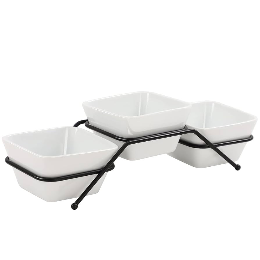 3 pcs square bowl Porcelain Chip & Dip Serving Set with Black Metal Stand, 4.5inch White Small Se... | Amazon (US)