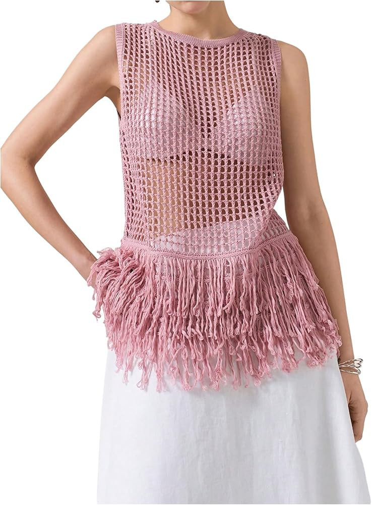 MakeMeChic Women's Fringe Hem Tank Top Crew Neck Hollow Out Sleeveless Summer Boho Shirt | Amazon (US)