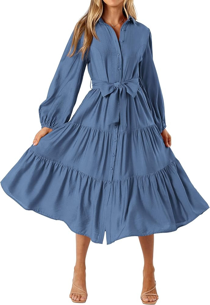MASCOMODA Womens Dresses 2024 Fall Long Sleeve Midi Dress Casual V Neck Button Down Tiered Flowy ... | Amazon (US)