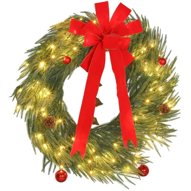Aurelle Pine Wreath With LED Lights And Weather-Resistant Frame | Wayfair North America