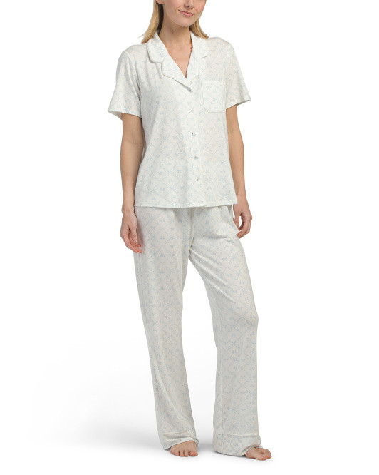 2pc Modal Short Sleeve Bow Trellis Notch Collar Pajama Set | TJ Maxx