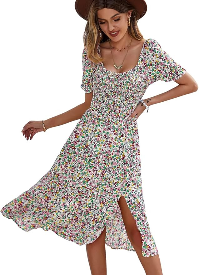 MOPOOGOSS Womens Short Puff Sleeve Elastic Square Neck Side Split Print Casual Flowy Summer Midi ... | Amazon (US)