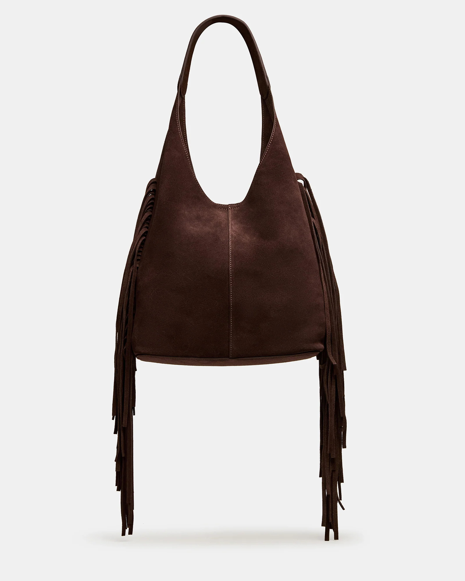 AUTUMN Fringe Bag Chocolate Shoulder Strap Slouchy Hobo Suede Tote Handbag | Steve Madden (US)