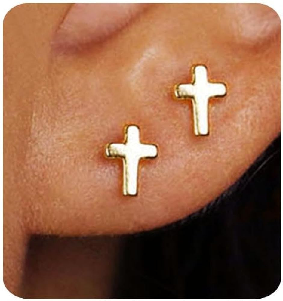 Gold Earrings for Women 14K Gold Plated Cross Stud Earring Dainty Minimalist Simple Small Earring... | Amazon (US)