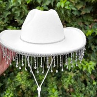 White Diamond Cowboy Hat With Double Rhinestone Band, Bachelorette Bride Hat, White Fringe/Cowgirl Hat | Etsy (US)