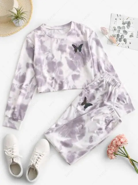 ZAFUL Tie Dye Butterfly Two Piece Sweat Jogger Pants Set - Light Purple M | ZAFUL (Global)