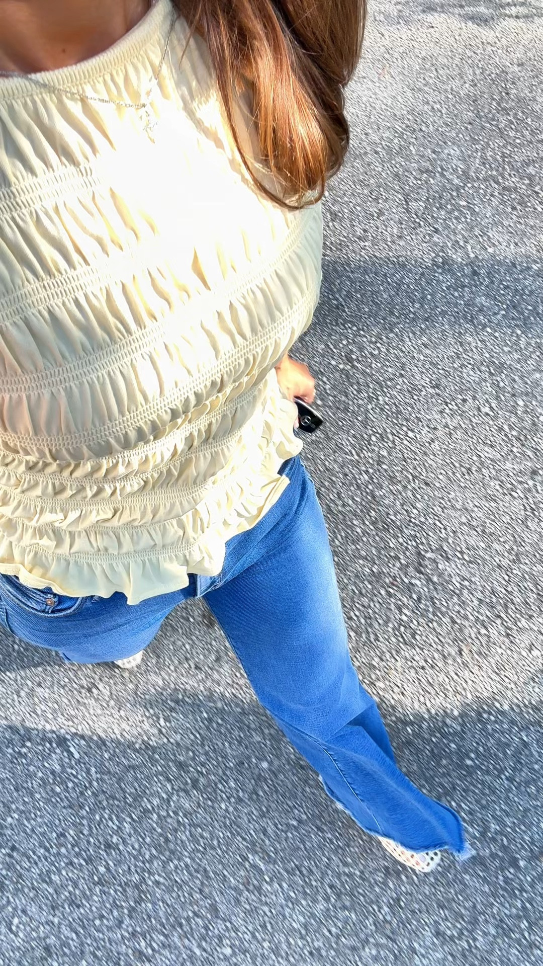 Target ruffled tank in XS. Butter yellow tank. Mother denim PETITES The Lil Roller Fray in size 24. Woven ballet flats are TTS. Spring outfits. Summer outfit. Elevated casual. 

#LTKootd #LTKPetite #LTKgrwm