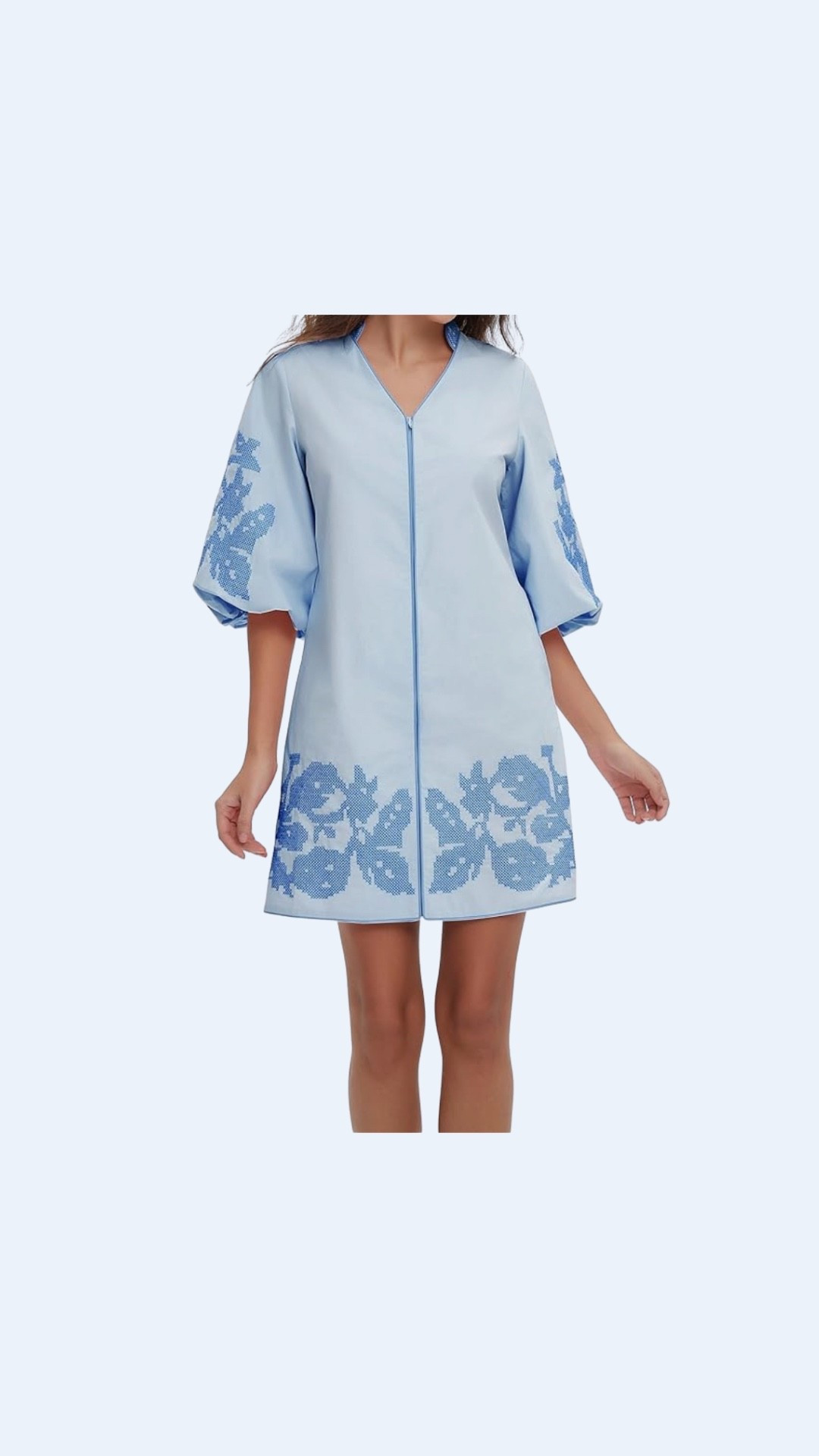 Front zip embroidered dress! This dress is lightweight, comfortable, and also perfect for a breastfeeding mom! The embroidered details are honestly to die for! I am 5’2 and the length is perfect and just above the knee! I wear the small! 

#LTKStyleTip #LTKSaleAlert #LTKBeauty