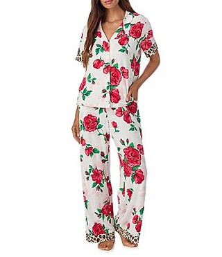 Room Service Floral Cheetah Print Short Sleeve Notch Collar Marshmallow Knit Pajama Set - XL | Dillard's