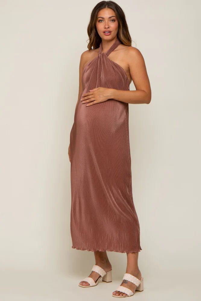 Mocha Knot Front Plisse Halter Maternity Midi Dress | PinkBlush Maternity