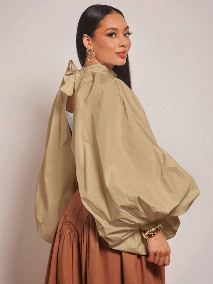 Vixey 100% Cotton Solid Woven Split Hem Balloon Sleeve Cape Top, Business Casual For Women, Sprin... | SHEIN