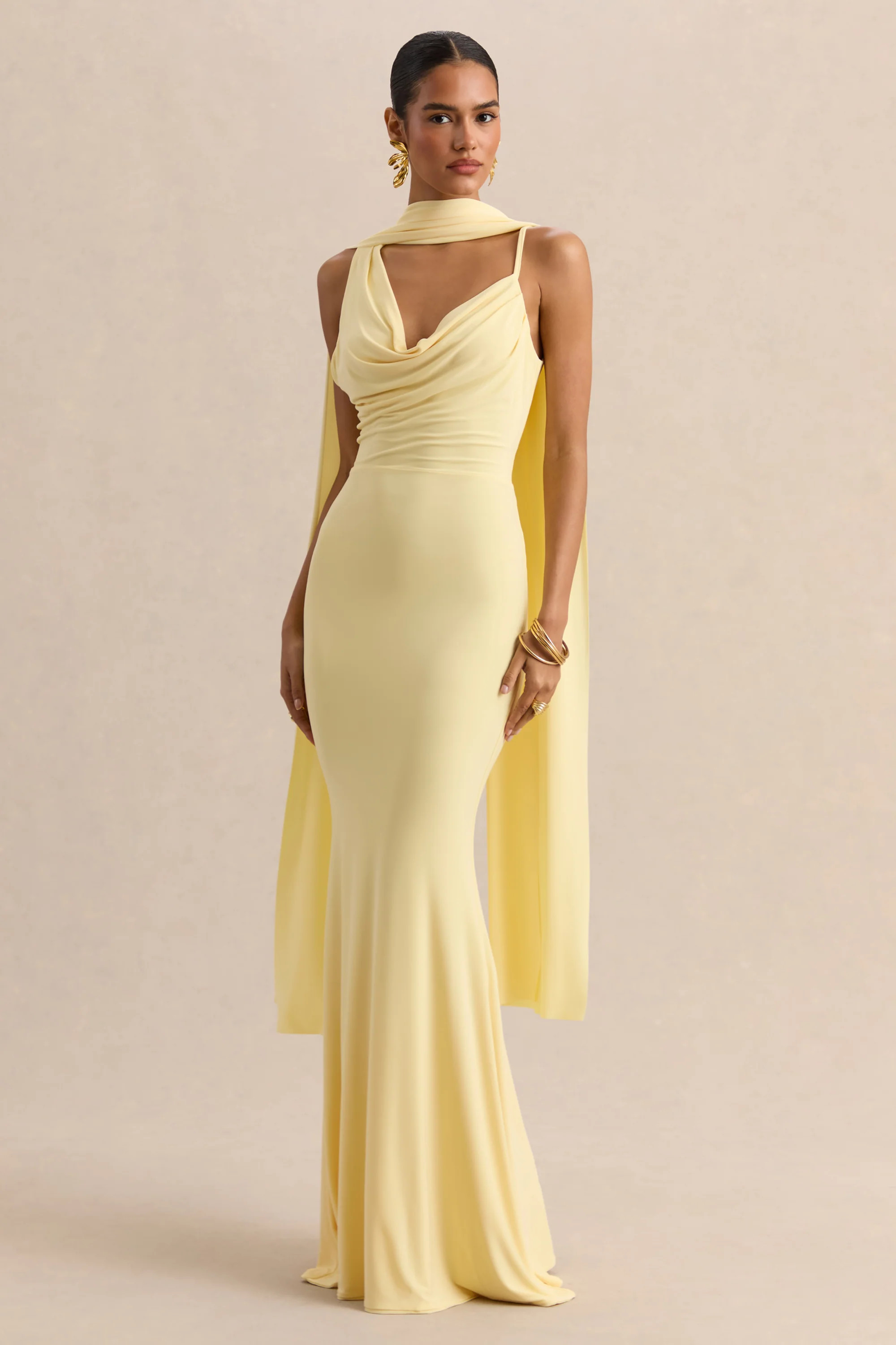 Armelia | Lemon Cowl-Neck Maxi Dress With Scarf-Detail | Club L London