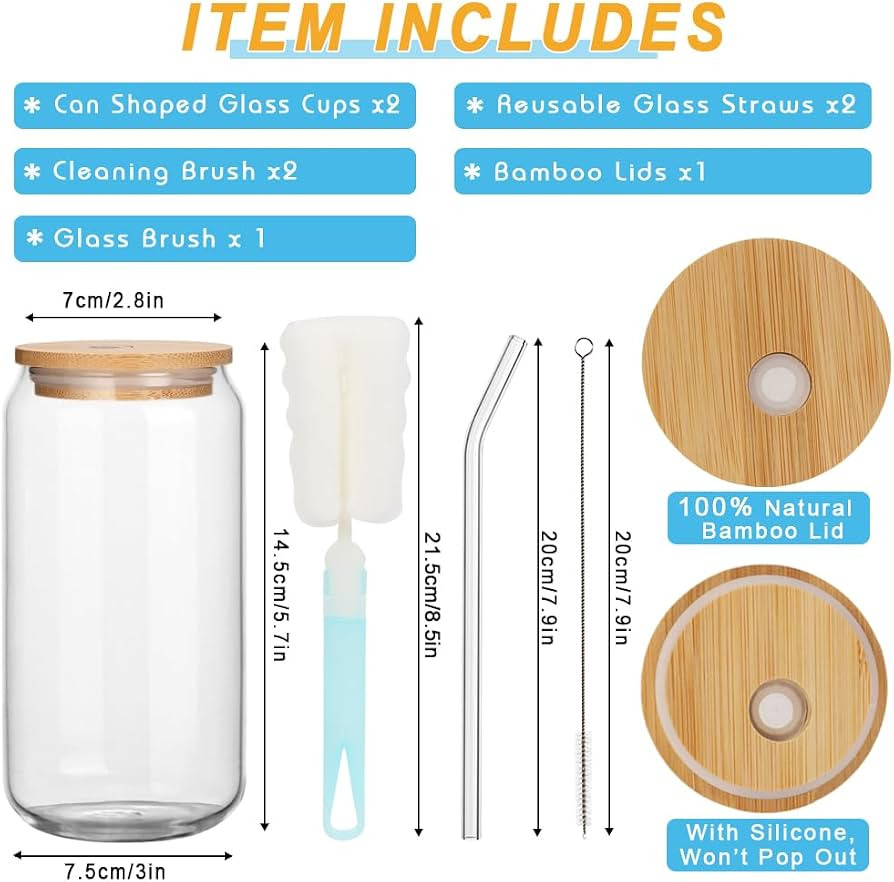 2 Pack Can Shaped Glass Cup with Bamboo Lids & Glass Straw - 19oz/550ml Drinking Glasses Cup, Per... | Amazon (UK)