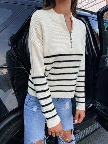 Striped Pattern Drop Shoulder Half Zip Sweater
   SKU: sW210514521379846      
          (81 Revi... | SHEIN