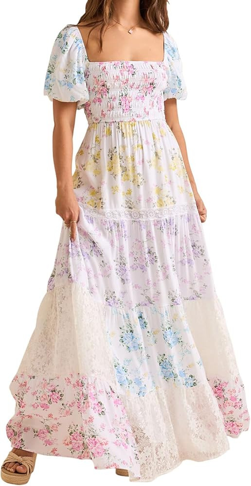 Women Boho Patchwork Maxi Dress Puff Short Sleeve Floral Smocked Long Dress Square Neck Flowy A-L... | Amazon (US)