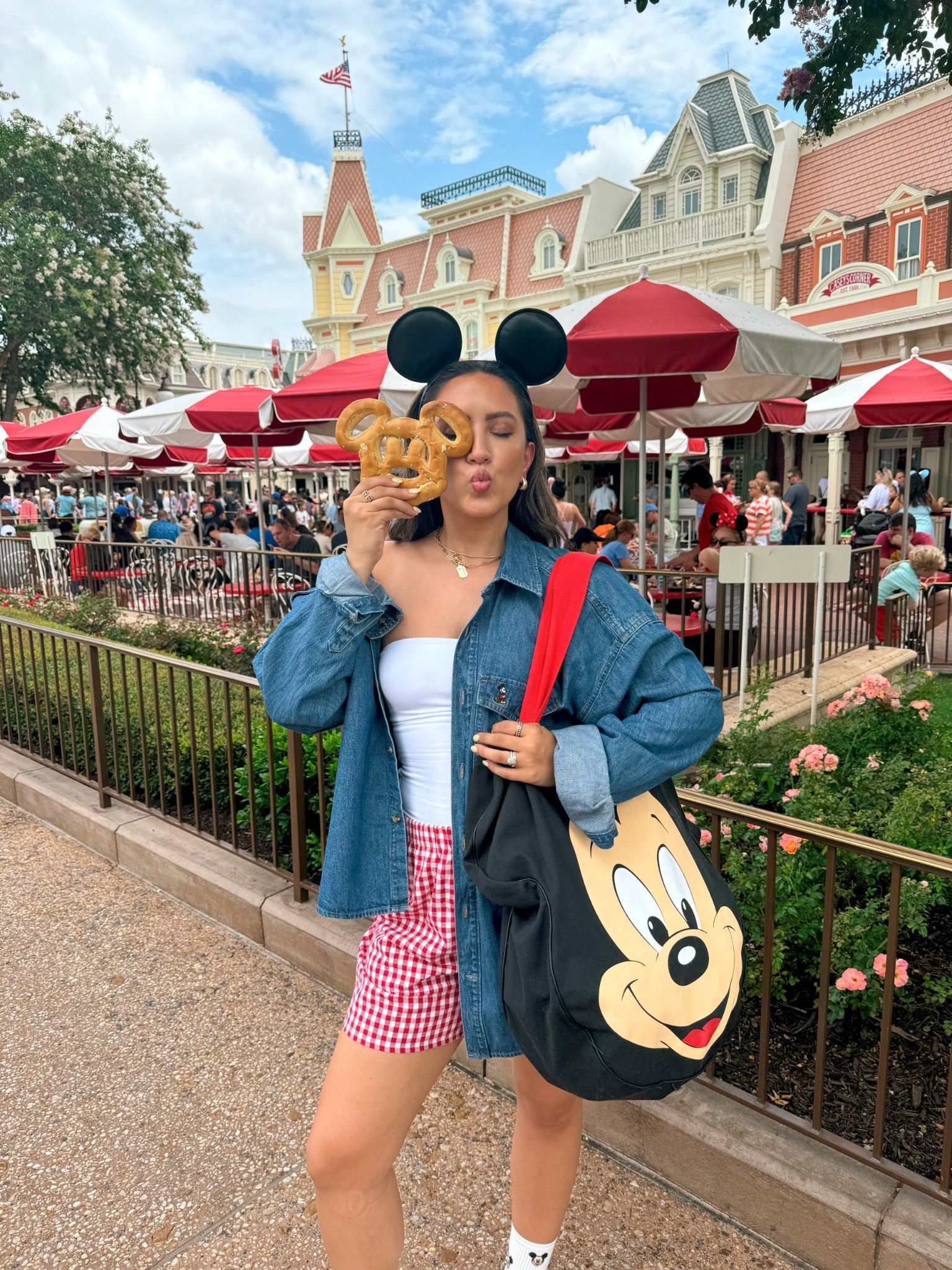 Disney/magic kingdom outfit!

Tube top & shorts: small
Denim top: medium