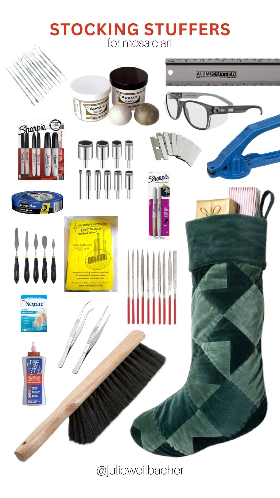 Sharing the best stocking stuffers for mosaic and stained glass artists. 🎄 For mosaic tips, tutorials, inspiration, and so much more please visit my YouTube channel: YouTube.com/julieweilbacher. Follow @julieweilbacher on Instagram for all things mosaic art. dental picks - mosaic - non-slip ruler - mosaic art - safety glasses - Sharpie markers - stocking stuffers - gifts for crafters - velvet stocking - bench brush - garage accessories - stained glass

#LTKGiftGuide #LTKHome #LTKHoliday