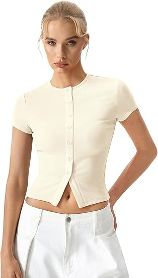 QINSEN Women's Crewneck Short Sleeve T Shirts Ribbed Button Going Out Trendy Tops | Amazon (US)