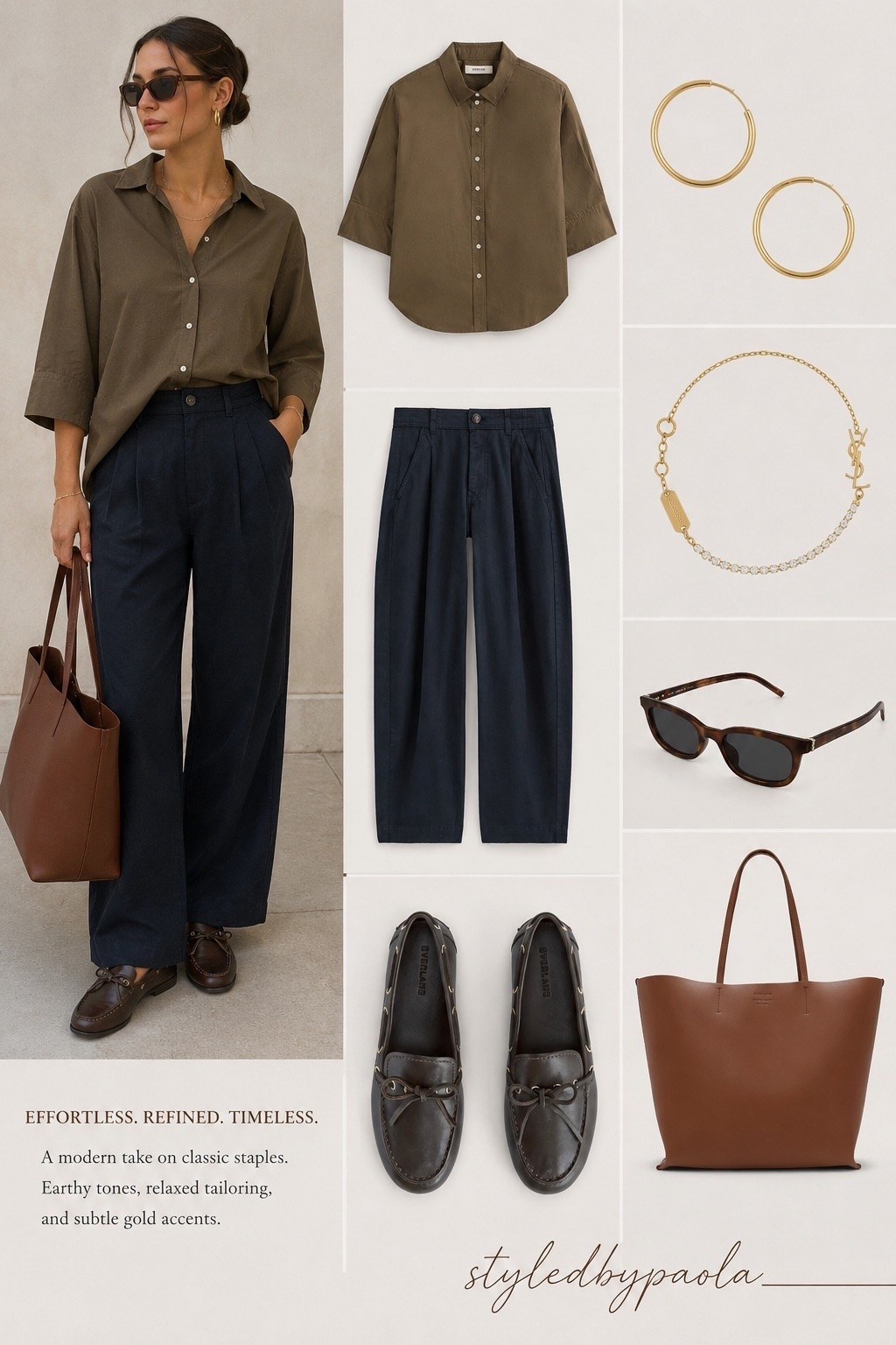 Elevated basics done right 🤎 This earthy neutral combo feels effortless, polished, and timeless — from the relaxed olive button-down to the tailored navy trousers and rich brown accessories. A quiet luxury look you’ll keep repeating all season. ✨ 

Follow @styledbypaola on LTK for more elevated everyday outfit inspiration 🤎

#LTKSeasonal #LTKU #LTKWorkwear