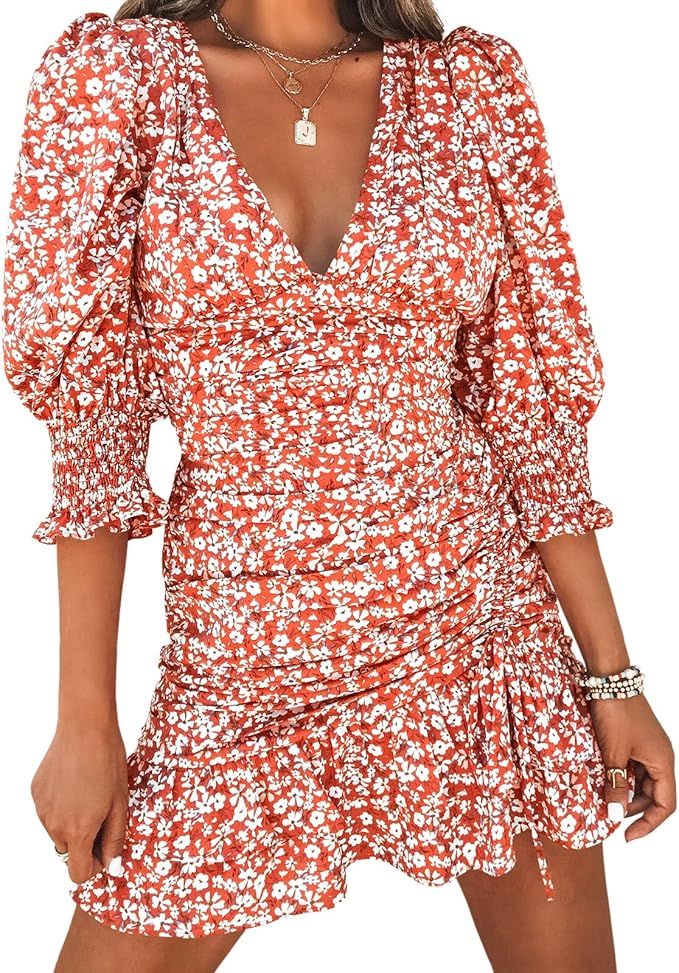 Teurkia Women's Summer Sexy V Neck Dresses Floral Print Ruched Half Puff Sleeve Mini Dress | Amazon (US)
