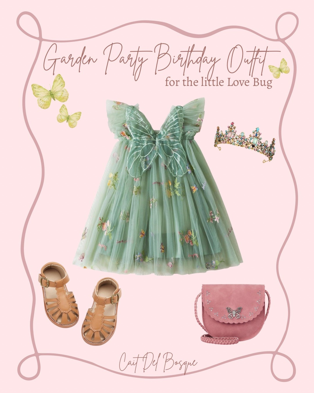 ✨Garden party magic for your little love bug! 🐞💐 This whimsical birthday outfit is perfect for a fairy- or garden-themed celebration. The dreamy sage green tulle dress is sprinkled with delicate floral embroidery + topped with enchanting butterfly wings that will have your toddler twirling all day long. Pair it with classic leather sandals for comfort + charm, a sparkly floral tiara fit for a tiny queen, + a soft pink purse with the sweetest butterfly detail. Every piece adds a touch of magic to her special day!🧚‍♀️🌸

Birthday Outfit, Toddler Style, Fairy Birthday, Garden Party Vibes, toddler birthday, birthday theme, birthday party, birthday party outfit, themed party, garden party, love bug party, fairy party, girl party, girl birthday party, party theme, party outfit, party ideas, fairy, floral, garden, dress, butterfly, toddler shoes, toddler dress, girl dress, little girl outfit, toddler purse, amazon, Amazon finds, Amazon kids, kids party, kids outfit, kids shoes, Amazon fashion, Amazon outfit, kids accessories

#LTKParties #LTKKids #LTKStyleTip
