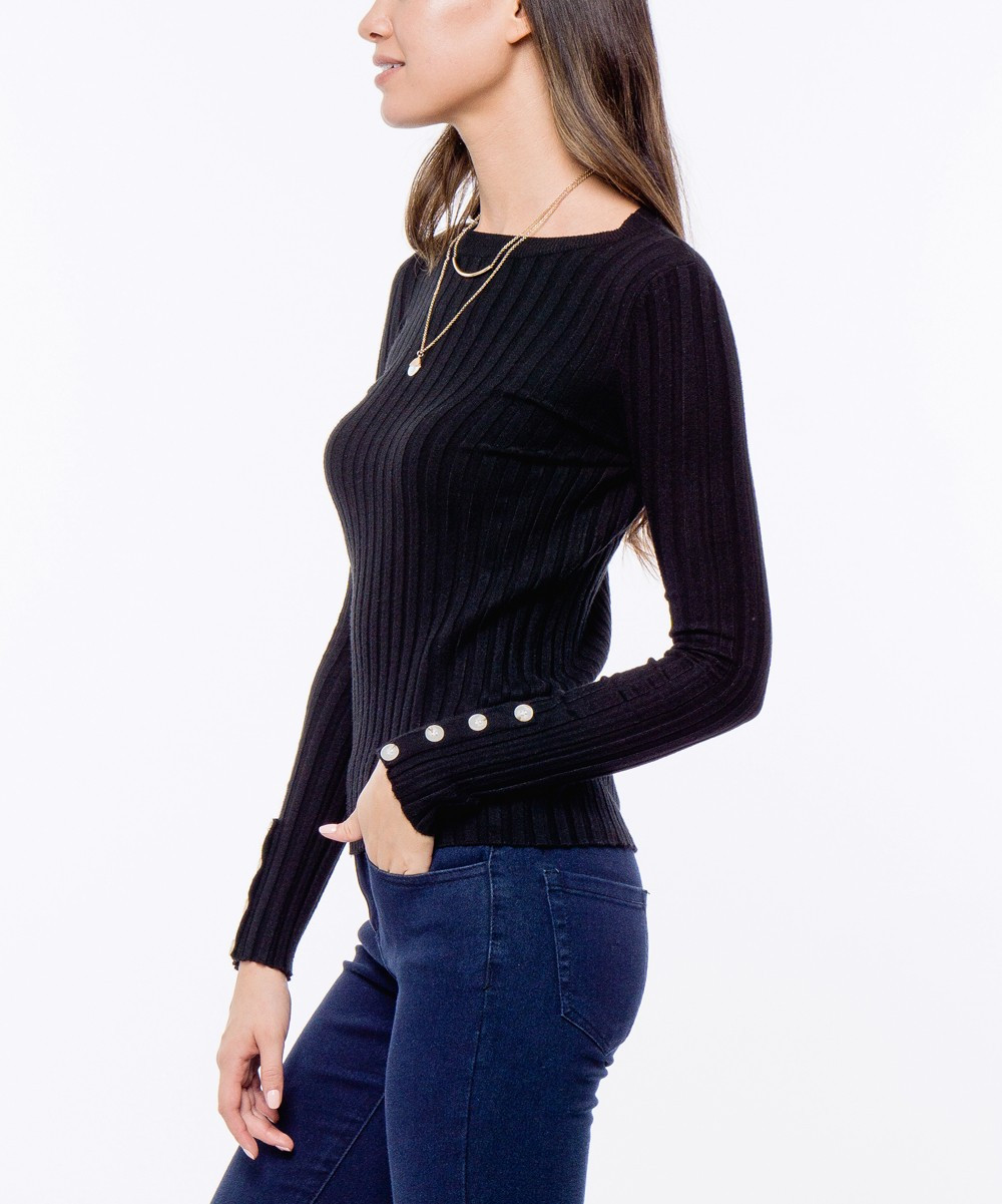 Spicy Mix Women's Pullover Sweaters BLACK - Black Button-Cuff Ribbed Sweater - Women | Zulily