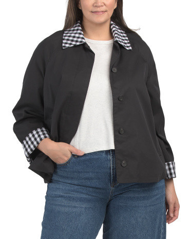 Plus Swing Jacket With Gingham Collar for Women | Polyester/Cotton/Lyocell | Marshalls