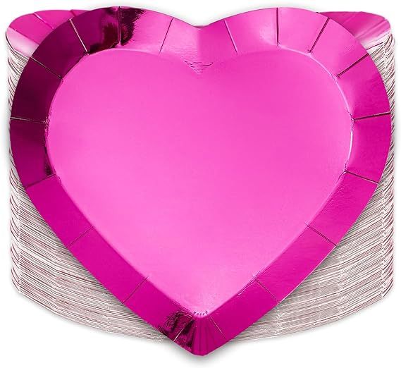 JarThenaAMCS 50Pcs Valentine's Day Paper Plates Foil Heart Disposable Plates Hot Pink Dinnerware ... | Amazon (US)