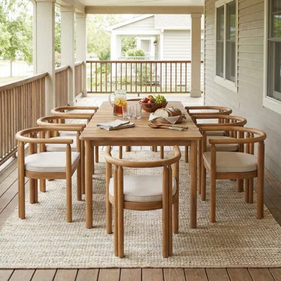 Bayshore 9-Piece Modern Coastal Acacia Wood Outdoor Dining Set With Cushioned Armchairs | Wayfair North America